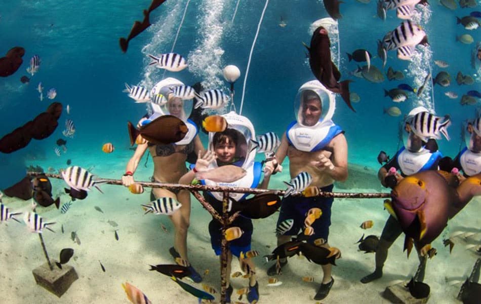 Seawalker underwater walk surrounded by tropical fish and vibrant coral Bali