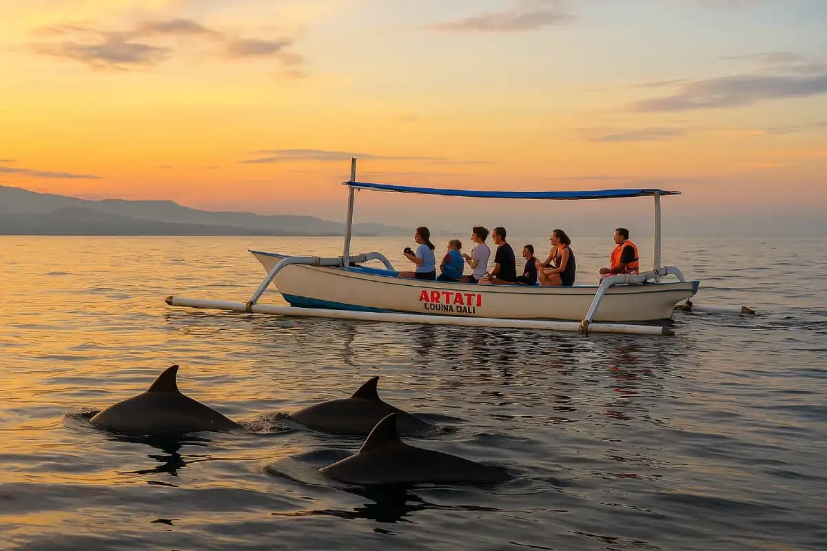 Wild dolphins swimming in the Bali Sea at sunrise near Lovina